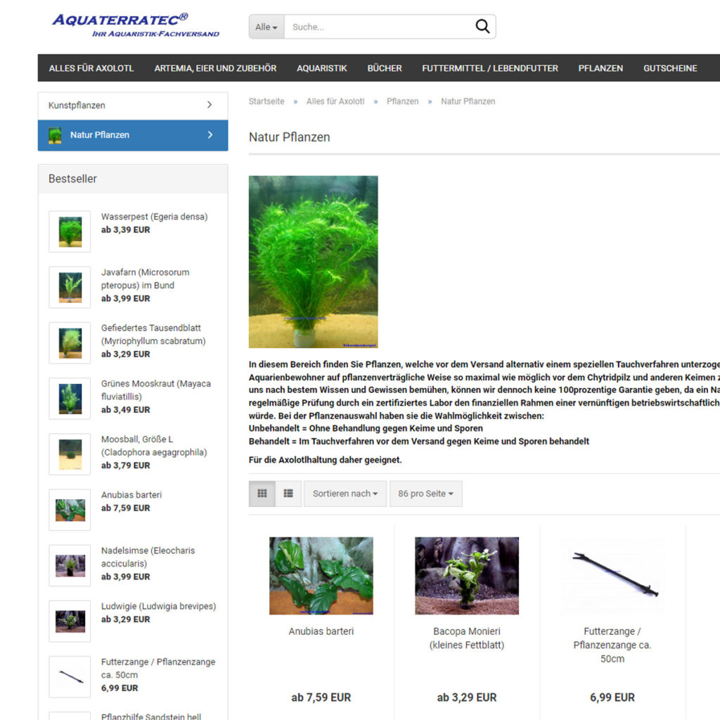 Ein Ausschnitt von Aquaterratec.de, einem Online-Shop auf dem unter anderem Wasserpflanzen speziell für Axolotl angeboten werden.