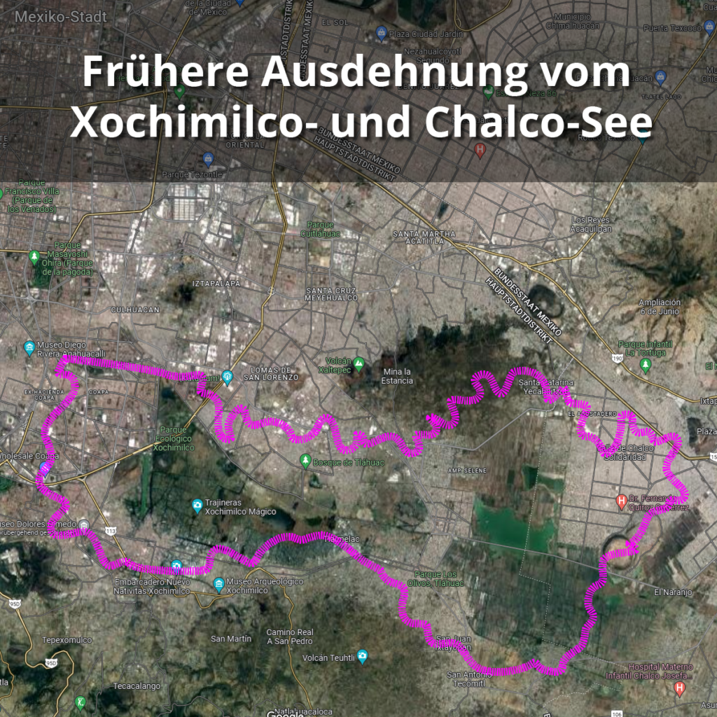 Die frühere Ausdehnung mit der heutigen Ausdehnung vom Chalco- und Xochimilco-See im Vergleich